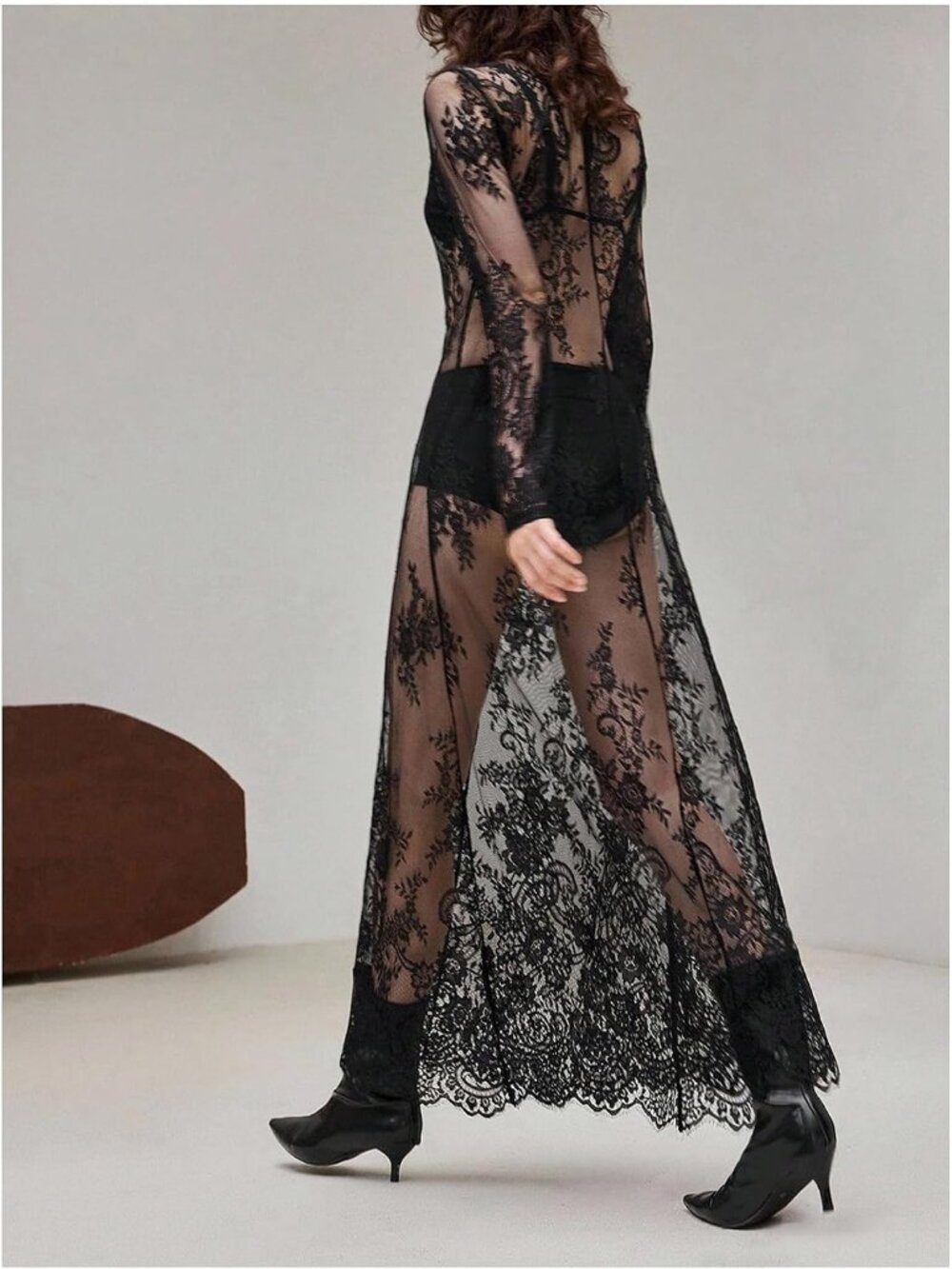 Women's Black Goth Floral Lace Sheer Dress Elegant Ruffle Long Sleeve Maxi Dress - Picture 2 of 5